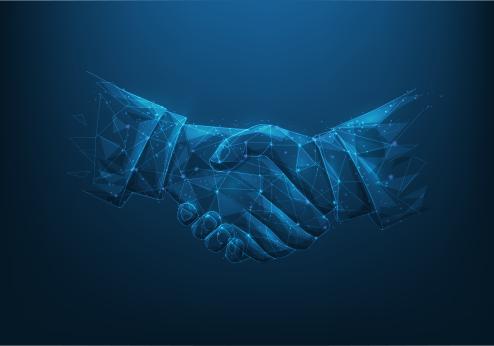 Digital wireframe illustration of two hands shaking, symbolizing mutual trust and secure authentication between two parties.