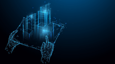 Digital hand pointing to digitally displayed buildings